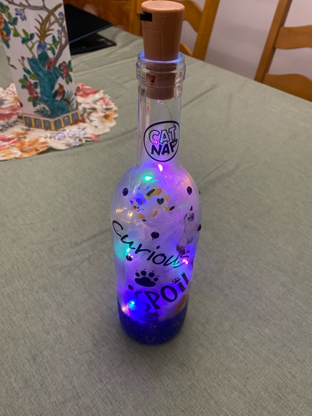 Cat Nap 'Curious & Spoiled' Decorative Cat Themed Bottle - with Lights inside